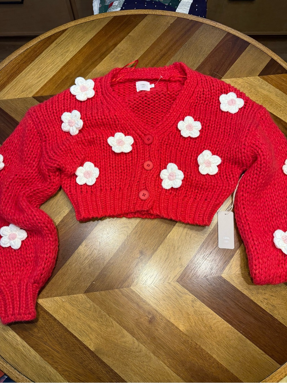 Luna Ivy Red Cropped Knit Cardigan with Flower Appliqués new with tags small